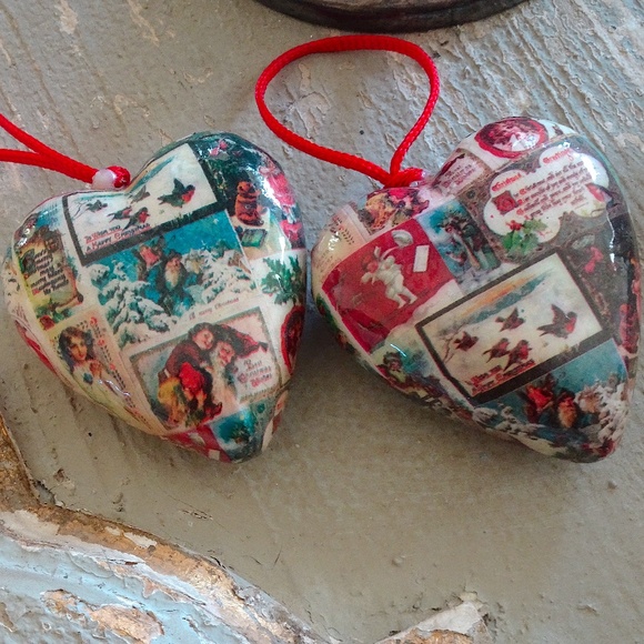 Decoupaged Puffy Heart Vintage Christmas Valentine's Image Collage Ornaments - 2 - Picture 5 of 7